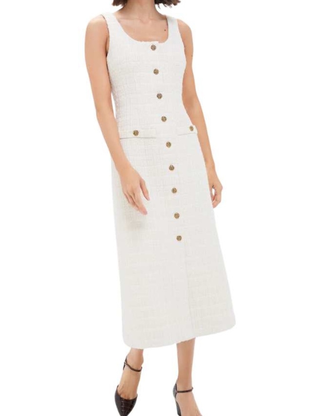 Tuckernuck White Sleeveless Midi Tweed Dress with Gold Buttons